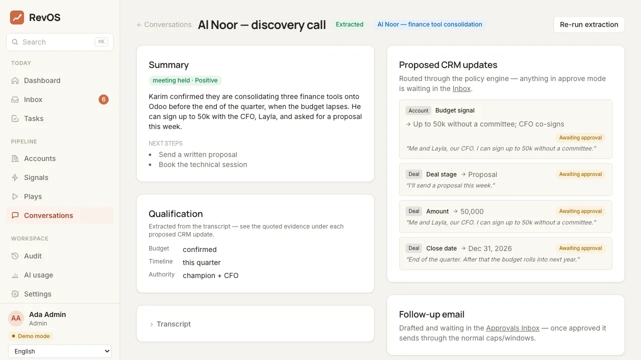 RevOS conversation with proposed CRM updates and source quotes