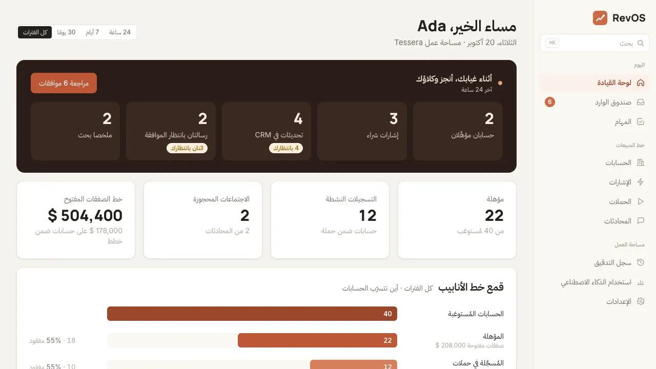 RevOS dashboard in Arabic, right to left
