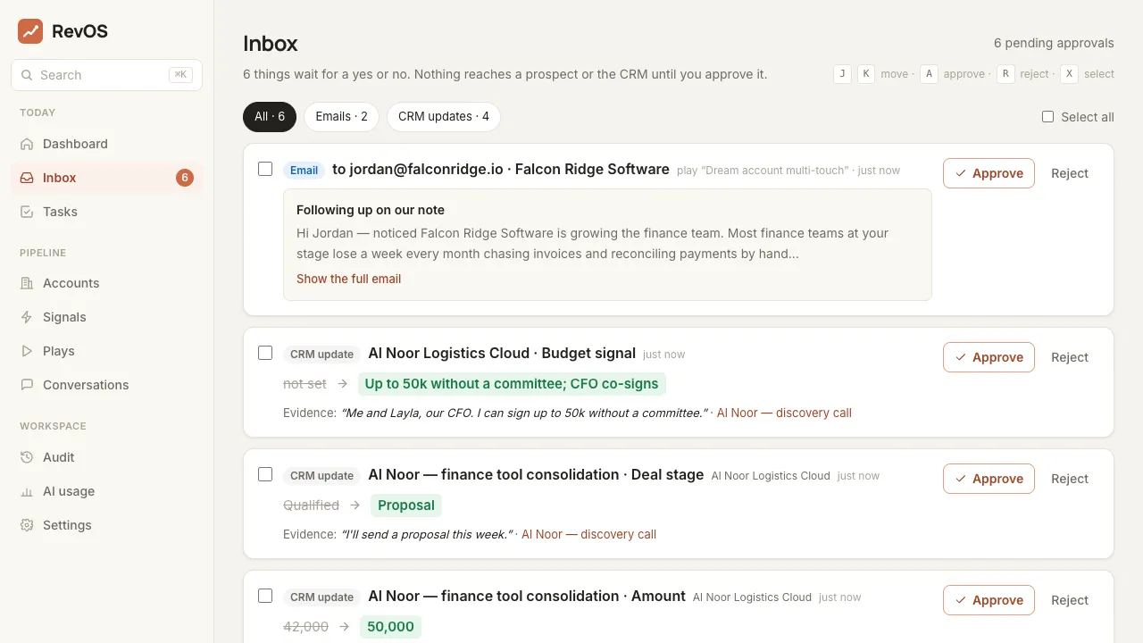 RevOS approval inbox with proposed CRM changes and their evidence